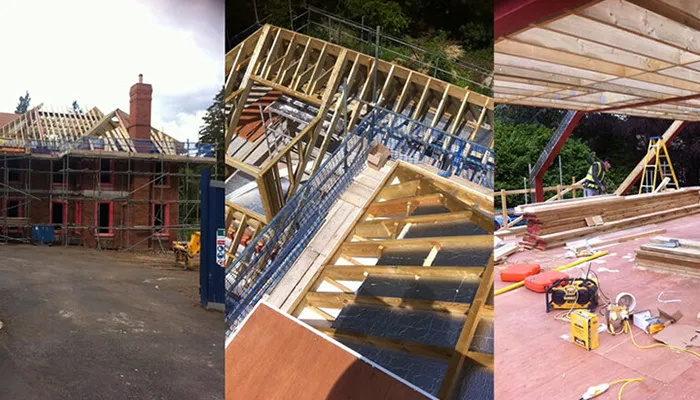 A collage of photos of a house being built.