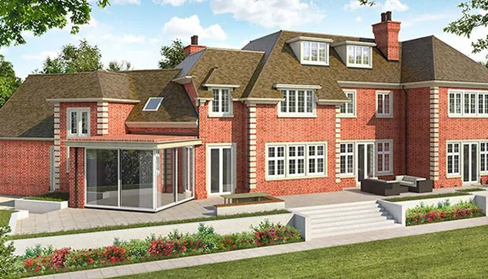 A large red brick house with a lot of windows.